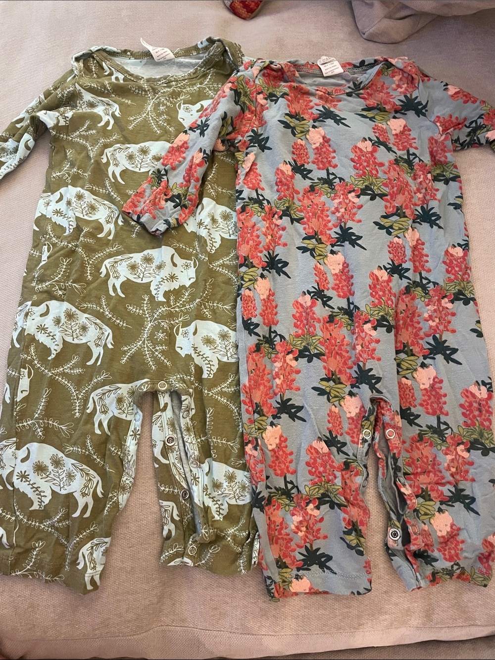 kate quinn Set of Olive Green Floral and Blue and Coral Floral Onesies